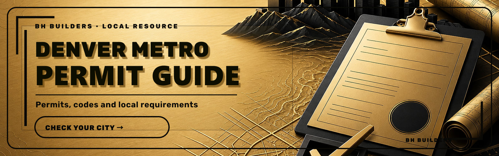 Gold-and-black 3D BH Builders banner for the Denver Metro Permit Guide covering permits, codes and local requirements