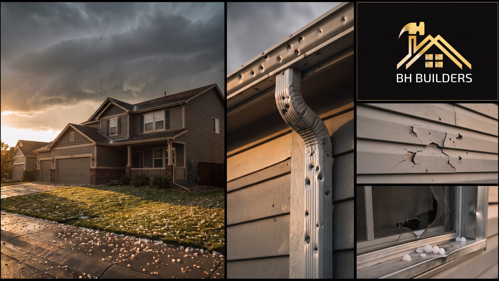 Colorado Hail Damage Beyond the Roof Front Range home under a retreating storm with hail on the lawn, plus detail shots of a dented gutter and downspout and hail-cracked lap siding