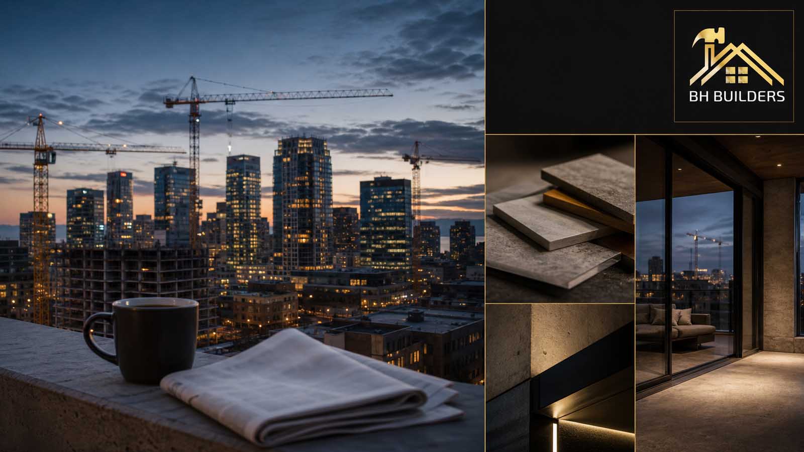 Denver skyline at dusk with tower cranes above a folded newspaper and coffee mug on a balcony ledge, beside stone and wood material samples and a warmly lit modern living space