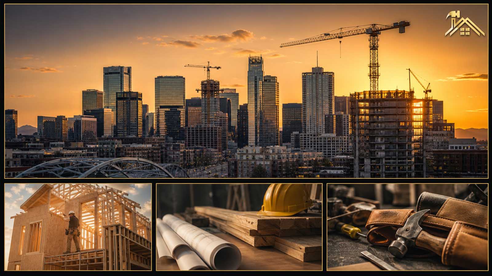 Denver skyline at sunset with tower cranes and buildings under construction, above a framed house, rolled plans with a hard hat on lumber, and a hammer and tool belt on a workbench