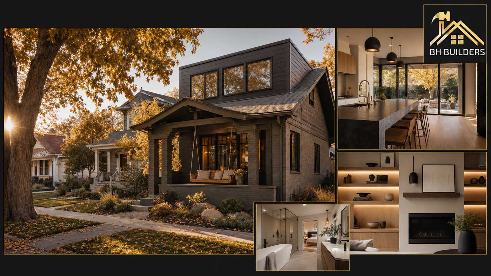 Denver Construction Roundup — October 5, 2026 Brick Denver bungalow with a second-story pop-top addition on a tree-lined street in fall color, with close-ups of a remodeled kitchen, a primary bathroom and built-in shelving around a fireplace