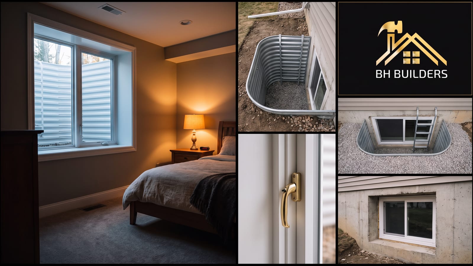 Denver Egress Window Requirements Finished basement bedroom with a large egress window, plus detail shots of a metal window well with a climbing ladder and a new below-grade window