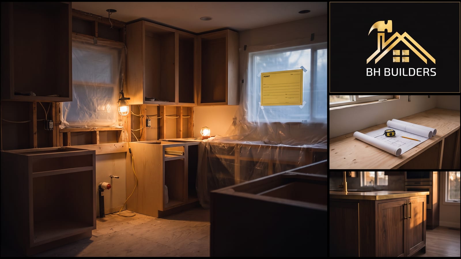 Denver Kitchen Remodel Permits Kitchen mid-remodel with open wall studs and electrical rough-in, plus a permit placard in the window and a finished kitchen island