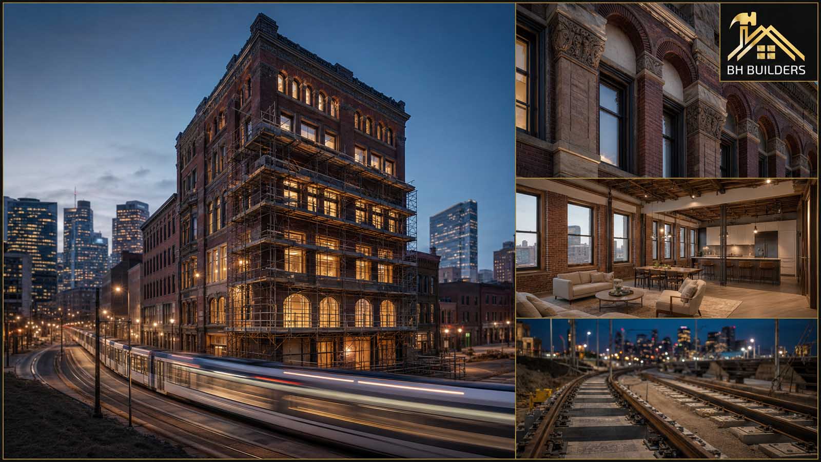 Denver construction news collage: historic-building adaptive reuse, office-to-apartment conversions and RTD transit projects