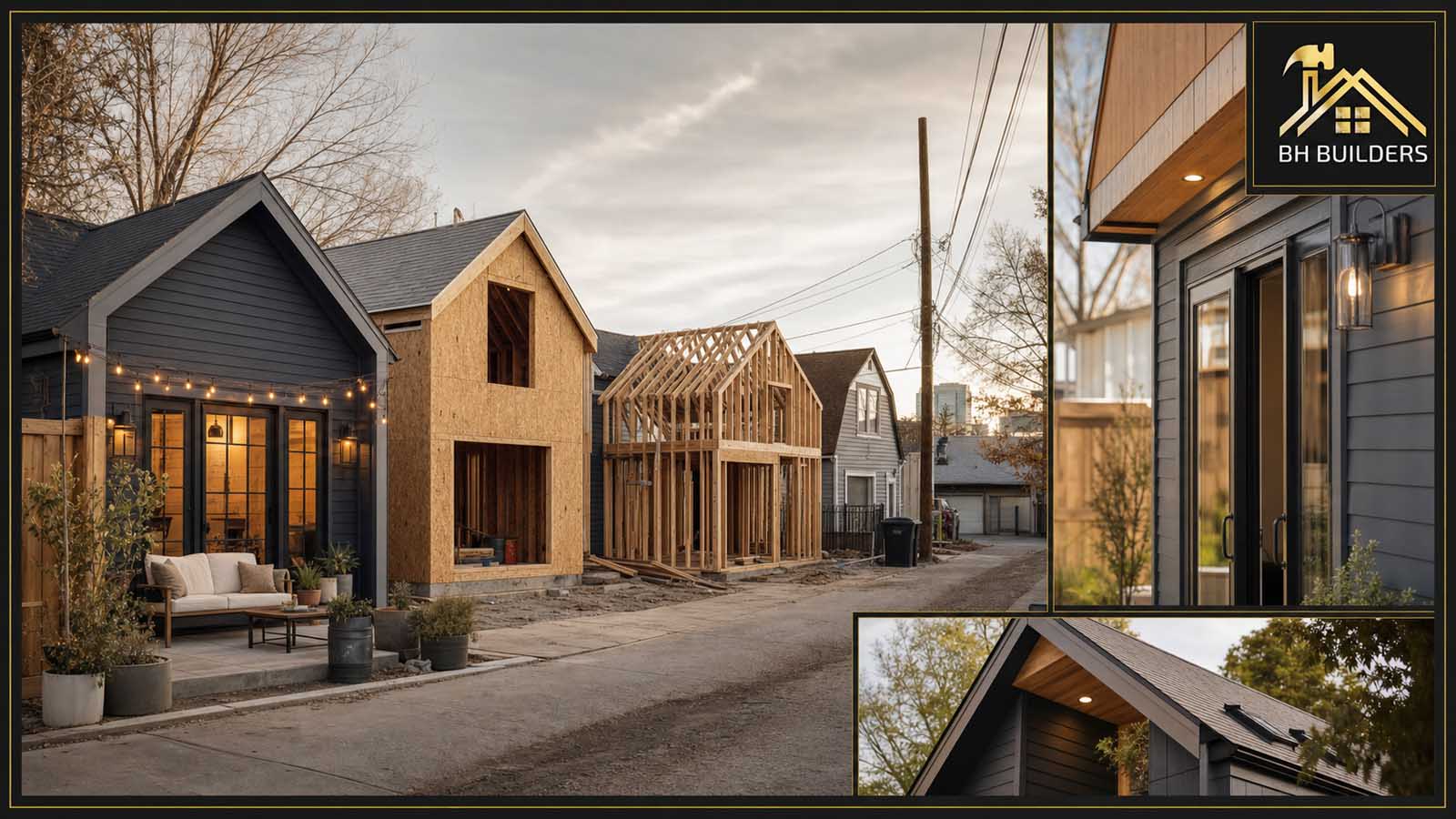 Framed additions and new infill construction along a Denver alley at golden hour — residential building activity across the metro