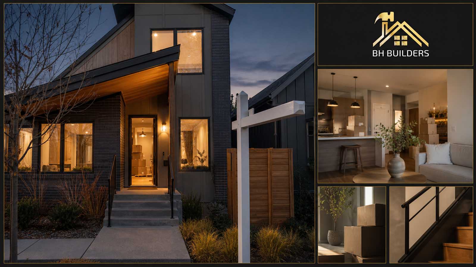 Denver Construction Roundup — September 1, 2026 Dusk exterior of a finished Denver-area home with lit windows, beside interior shots of a remodeled kitchen and stairway with moving boxes.