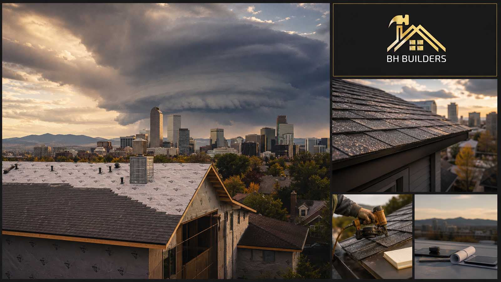 Denver hail season collage — storm damage, roof inspection and insurance claim paperwork for Colorado homeowners