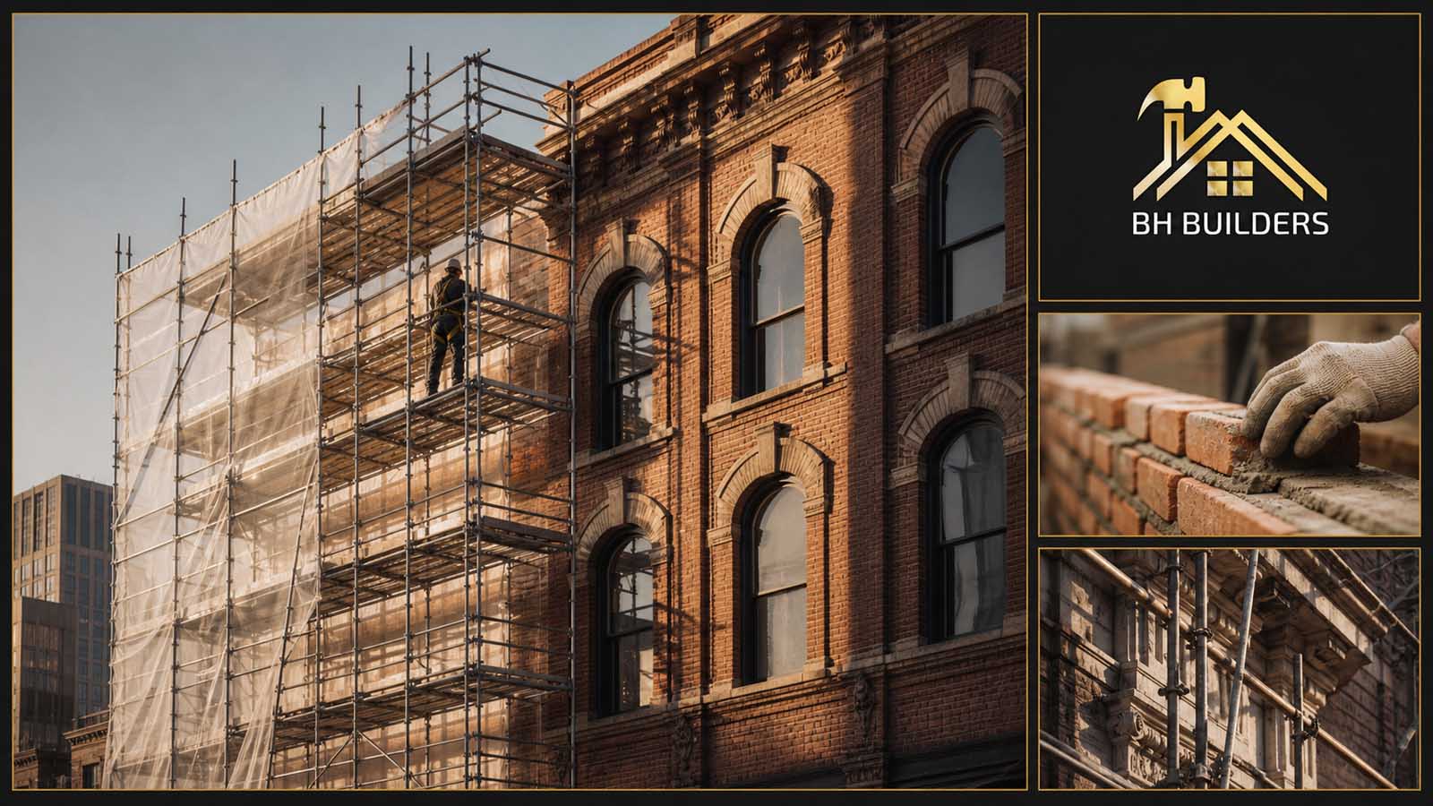 Scaffolding wrapped around a historic Denver brick building with a mason laying brick — construction and demolition work under Denver permit rules