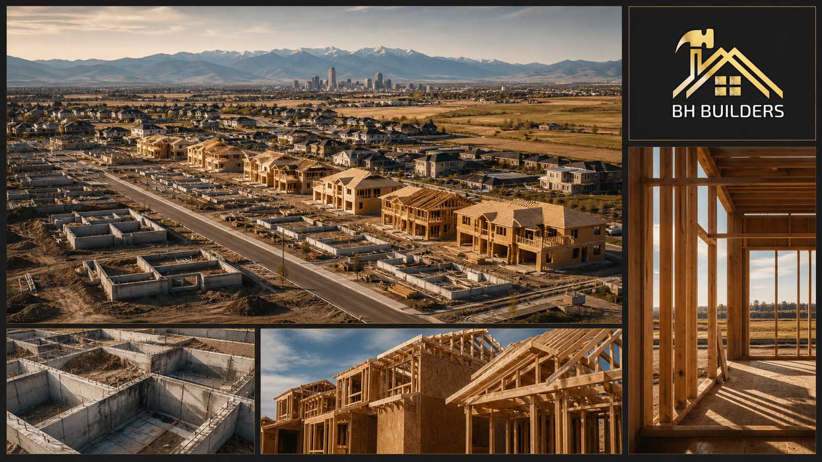 Denver construction news collage: new subdivision construction with the Denver skyline behind it, concrete foundations and wood framing