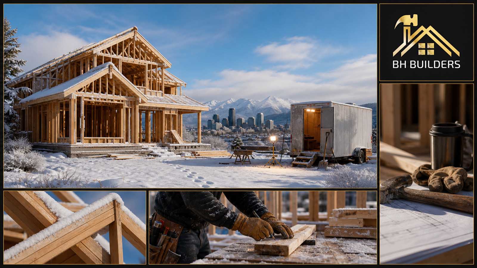 Denver Construction Roundup — September 28, 2026 Snow-dusted timber framing on a Denver-area home under construction at golden hour, with the downtown skyline and Front Range behind it, a lit job trailer, and close-ups of a framer working gloved in the cold and plans on a bench
