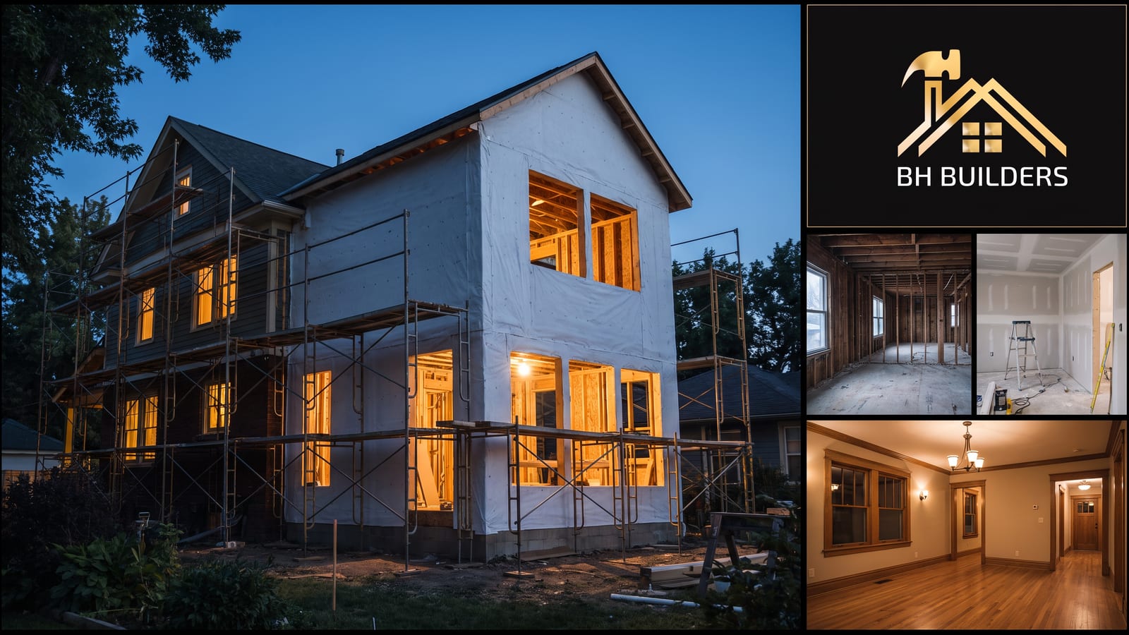How Long a Denver Remodel Takes Denver-area home under renovation at blue hour with scaffolding, alongside interior shots showing a gutted room, a drywalled room and a finished interior