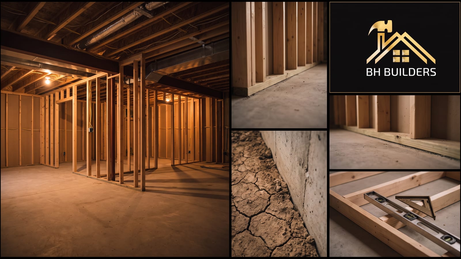 Floating Walls in Colorado Basements Unfinished Colorado basement with new stud framing on a concrete slab, plus detail shots of the floating-wall gap and dry clay soil at a foundation wall