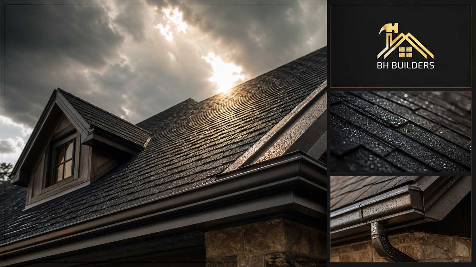 Roof Insurance Coverage in Colorado BH Builders roofing collage — asphalt shingle replacement, underlayment and flashing detail on Denver-metro homes