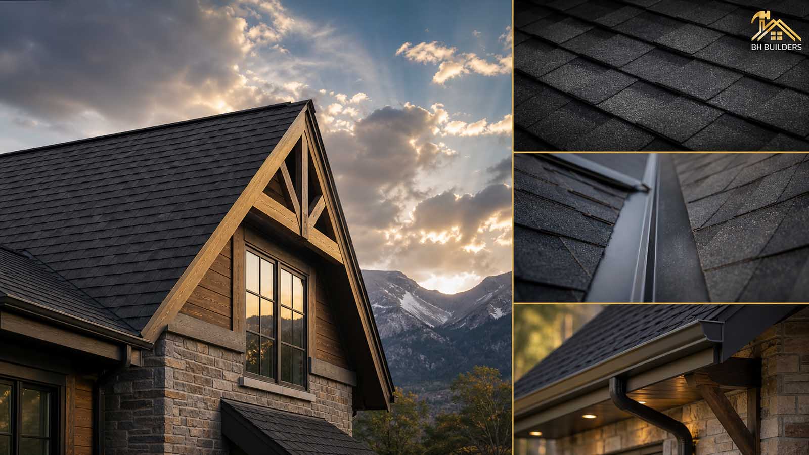 Denver Roofing by BH Builders Roofing collage: dark architectural shingles, drip-edge flashing and a timber gable on a Denver-metro home, with the BH Builders mark