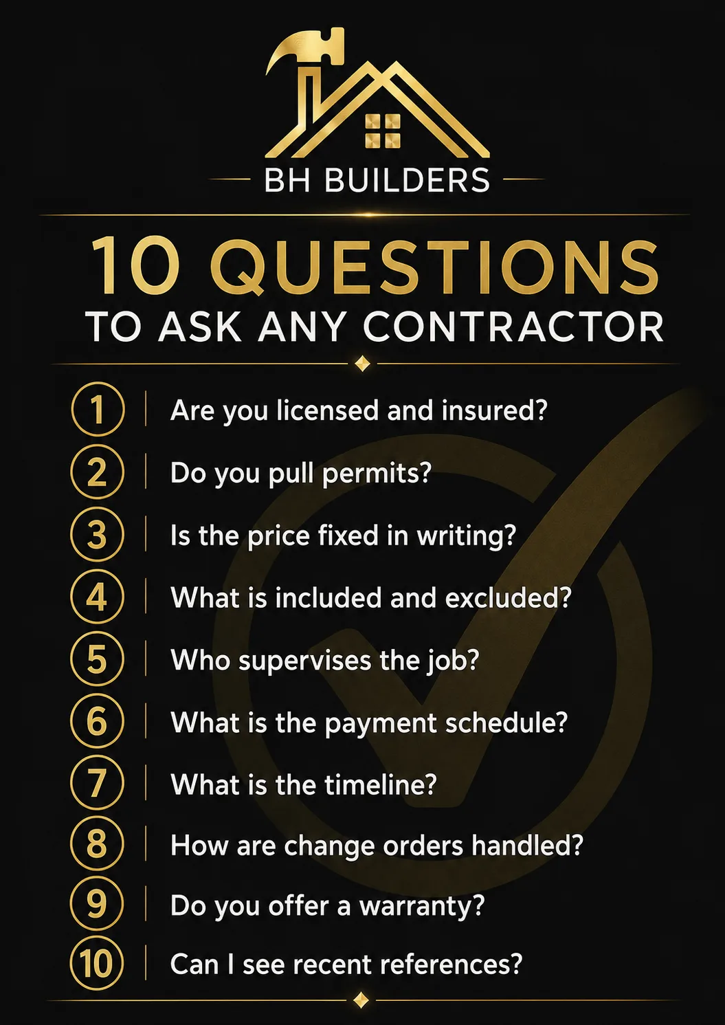 Checklist infographic: ten questions to ask a general contractor before hiring, by BH Builders Denver