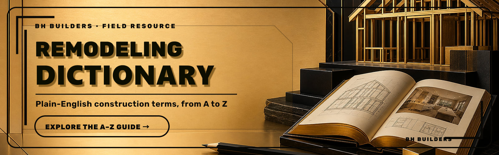 Gold-and-black 3D BH Builders banner for the Remodeling Dictionary, a plain-English A-to-Z guide to construction terms